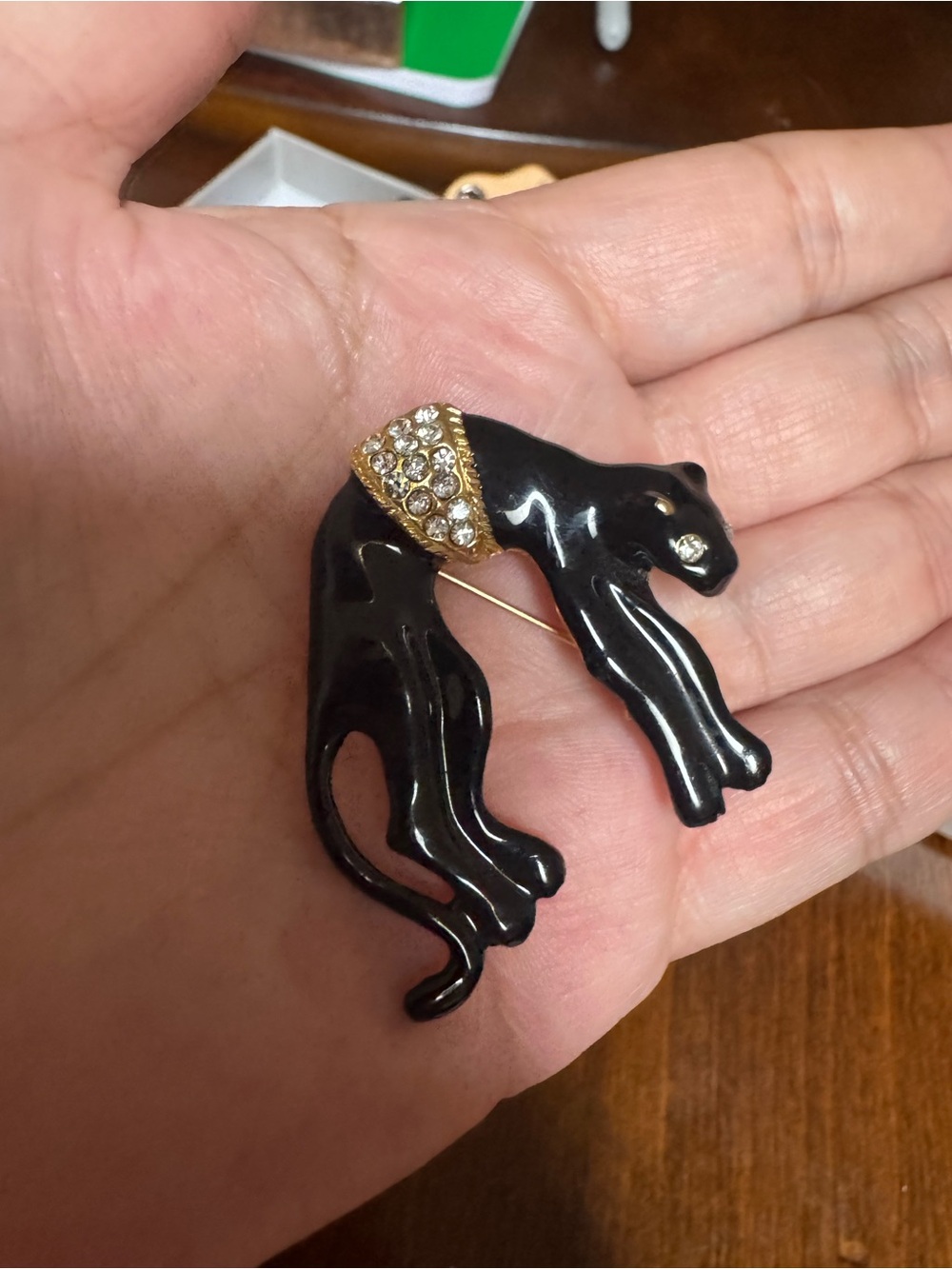 Vintage Black Panther Pin Brooch Emerald Rhinestone Eyes Jaguar Puma Wild Cat
